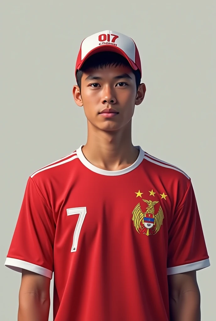 A man from Indonesia, 20 years old. Wearing an Indonesian national team shirt. Wearing a baseball cap, on the left side there is the writing "07 CHENIEL"