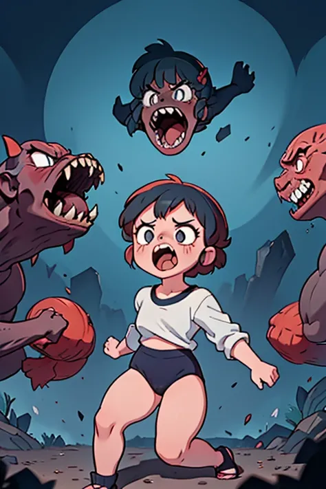 a  Girl,   wearing a Black gymnastics bloomers, High leg、white blouse 、Scared girl、shout、Convulsing with fear、Girl being attacked by a monster、Girl caught by monster、be killed、There are a lot of monsters in the background、Girl surrounded by monsters、Solo