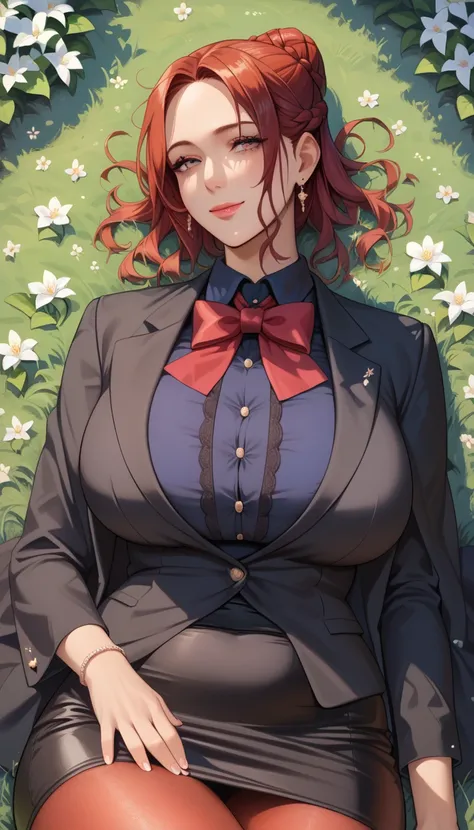 masterpiece, best quality, feMonica, hair bun, braid, red bow, black jacket, black skirt, red pantyhose, upper body, from above, lying on back, grass, looking at viewer, tired, smile, garden,Score_9, Score_8_up, Score_7_up, Score_6_up, Score_5_up, Score_4_...