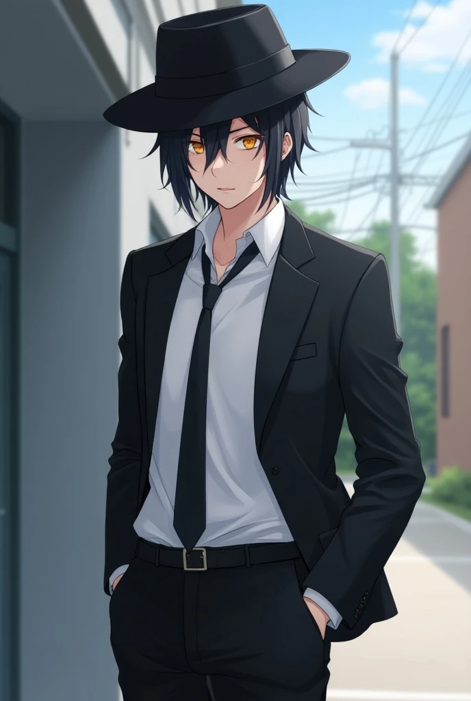 It has black hair black hat black pants anime style is male cool student and quite gentle