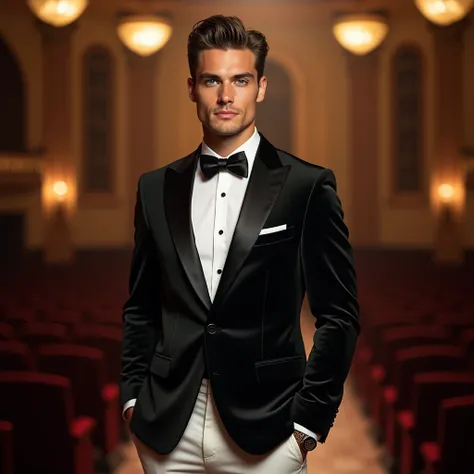 Handsom american man in 20s ls visting a award ceremony  in a concert wearing stylish wedding  tuxedo black  suit with white pants and minimalist black  embroidery  embrace suit wide angle front view 