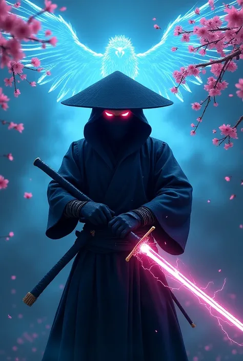 front facing ninja , ninja using mouth cover with red eyes, ninja wearing caping hat holding neon samurai  , behind theres a neon blue lightning eagle theres a cherry blossom