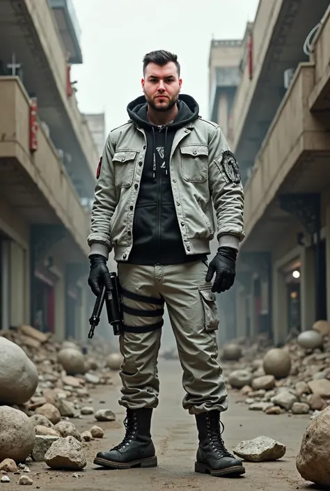 tattoo artist, measures 175cm ,  black gloves ,  white and gray broken military bomber jacket,  gray and white broken military pants ,  military boots , Post-apocalyptic Arenas de Barcelona shopping center background, Ruins, 