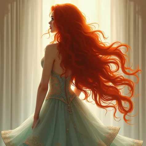 Full body, back view of Red head lady with flowing hair in the style of Anna Dittmann