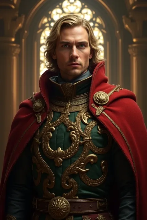 Make a man with a white complexion medium-long blond hair with green eyes dressed as a king