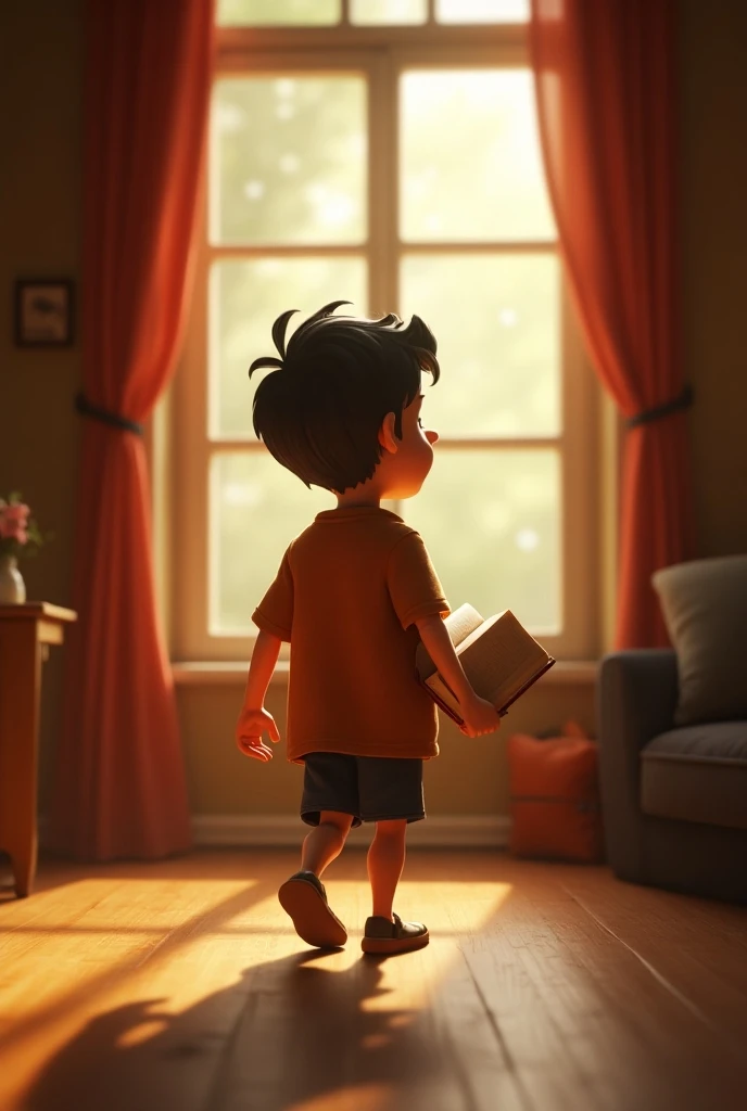 Generat in cinematic 3d cartoon style The boy walking slowly toward the window, guided by the instructions in the book, with his face showing courage and suspense."."