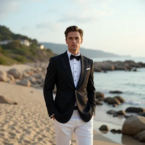 Handsom american man in 20s ls visting a family function on a beach wearing stylish wedding  tuxedo BLACK  suit with white pants and minimalist BLACK embroidery STYLE  suit wide angle front view 