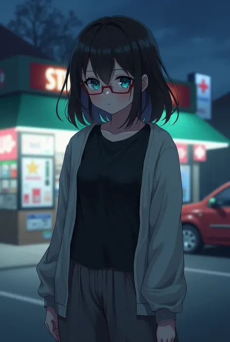 Dark brown hair, medium hair,White skin , Teal Eyelids, high school girl , Beautiful Girl,Neutral, boyish ,Flexible,Sloping shoulders,Thin chest,Poor Breasts ,Impression of being smitten ,Dark character, black long sleeve t-shirt , wearing a white cardigan...