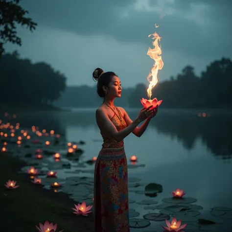  A beautiful lady in a traditional Thai dress holding a lotus shaped trumpet with an incense candle in the center, standing by a river full of crutons. In the floating festival, there is a beautiful flame in the sky., shot with a canon r5 50mm lens f1.2 is...