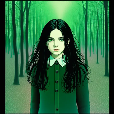 A (severus snapes daughter:((11years old)))green eyes,long hair,black hair ,to illustrate、artistry、Directed by Junji Ito、Hidden Images、double image、double image、high détail, realistic shadow、analog style, vhs style, Film 8mm, Chromatic aberration, DVD Scre...