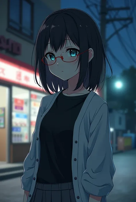 Dark brown hair, medium hair,White skin , Teal Eyelids, high school girl , Beautiful Girl,Neutral, boyish ,Flexible,Sloping shoulders,Thin chest,Poor Breasts ,Impression of being smitten ,Dark character, black long sleeve t-shirt , wearing a white cardigan...