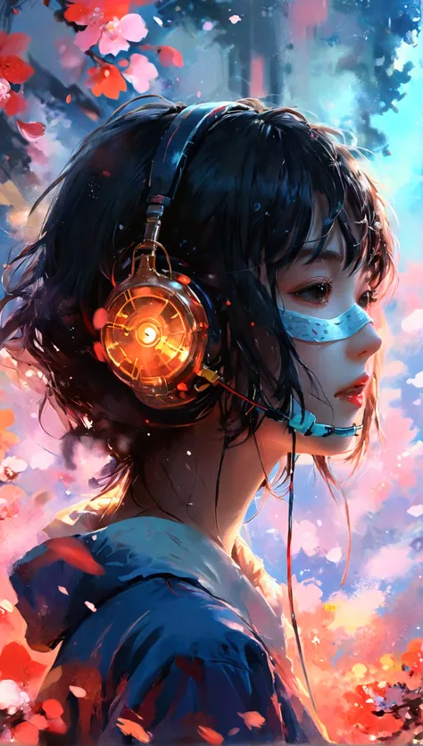  1 girl,  best quality, Impressionism, Earphones, artificial human world, mask,  Japanese illustration style, anime, anime風, 