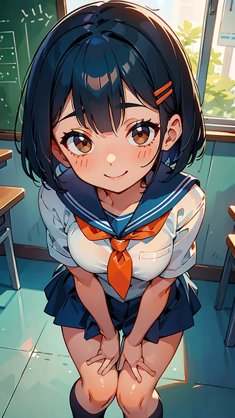  lower body close-up 、 dark blue hair 、 bob cut from the front、 jet black brown eyes 、 ties her hair with orange hair clips、smile、 sailor suit、School