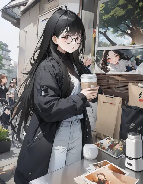  girl standing outside,  wears glasses,   wear a black jacket , ((Long Hair)),   photo , Tumbler,  realism, Chen Xintong, s ago, Qi Chao Wan, Huang Huifeng, Jeron Hsu, Zhang Xiaofan, Penjen Jean ,  Mongen , Yi Haoren, Zhezhou Chen.