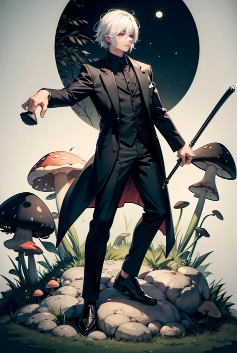 A mushroom man, a man in black clothes, white hair, holding a golf club on a full moon night 