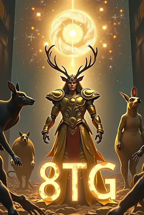 The words “8tg” are written in large letters below the monitor.,kangaroo,There are deer antlers ,Golden Armor, Saint Seiya, God Ray ,  High Definition ,  Masterpiece , 