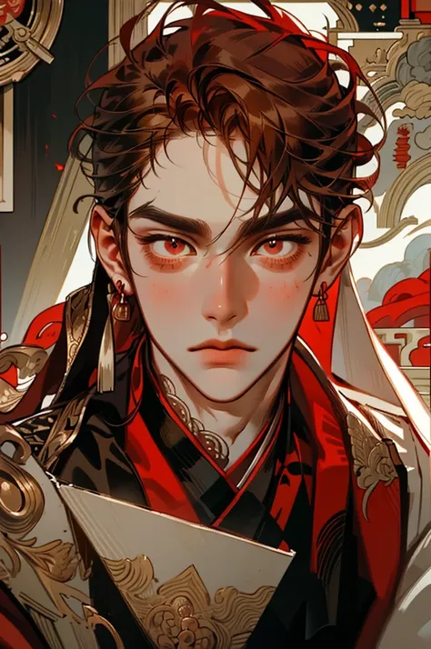 masterpiece, best quality, Detailed Eyes, 1 man, handsome, tall, fit, brown hair, long hair, red eyes, half updo, Oriental, Red Hanfu , bust, bust, artist:fashionable,  wearing multiple layers of court attire , masterpiece, [20&#39;s, very small head, very...