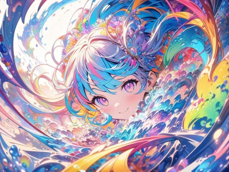 (masterpiece,  best quality,  Official Art:1.2), ( colorful ), perfect anatomy,  watching the audience, one girl , Alone, White background, floating  colorful  water, Ultra-fine illustration,  elaborately drawn down to the smallest detail,  dynamic angle, ...