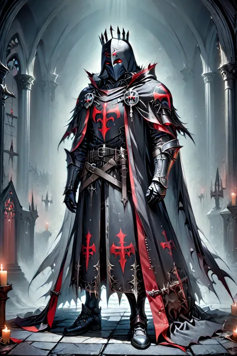 templars , male, red eyes, wearing a hood, wearing armor,dark knight cloak style ,  background dark dark dark church,full body p...