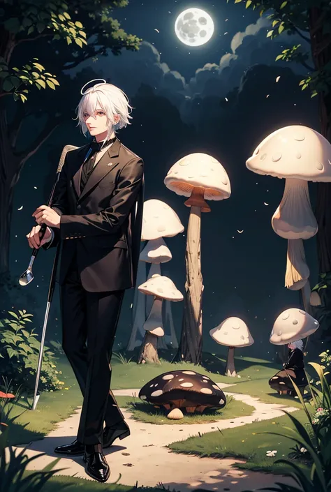 A mushroom man, a man in black clothes, white hair, holding a golf club on a full moon night 