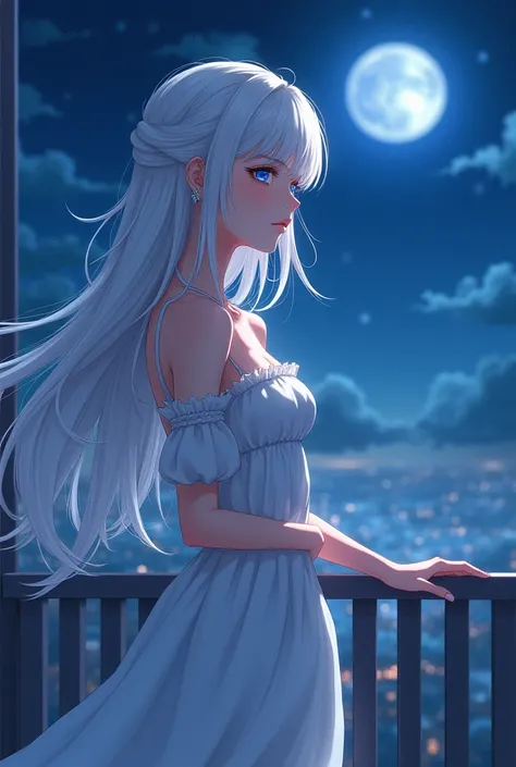 a beautiful but cute 22 year old girl with white hair Blue Eyes with the good looking body watching the moon on from her balcony waiting for someone special  anime style 