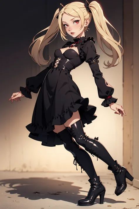 (perfect, masterpiece), very detailed, neutral facial expression, figure,, full body view, small breasts, blonde hair with twintails, red eyes, looking at viewer, black gothic lolita dress, black boots, vampire.