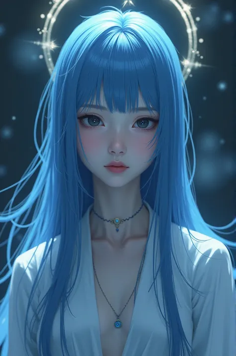 One that is a time angel( time-keeper ) straight hair,  your hair goes up to the shoulders ,  color blue your hair , black eyes,  Asian features with eyes drawn ,  fair skin and thin face and your expression is serious