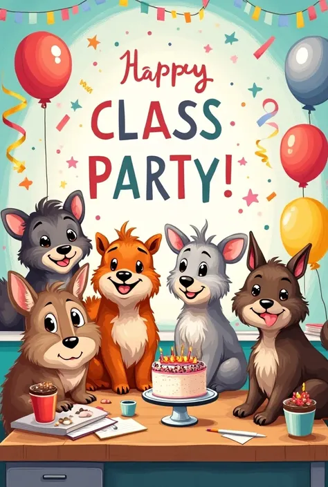 "Happy Class Party. 2024" on chart paper written design for s of class 5 with different animals