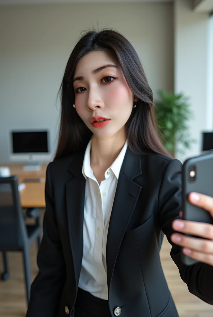 Chinese girl in employee selfie suit at work