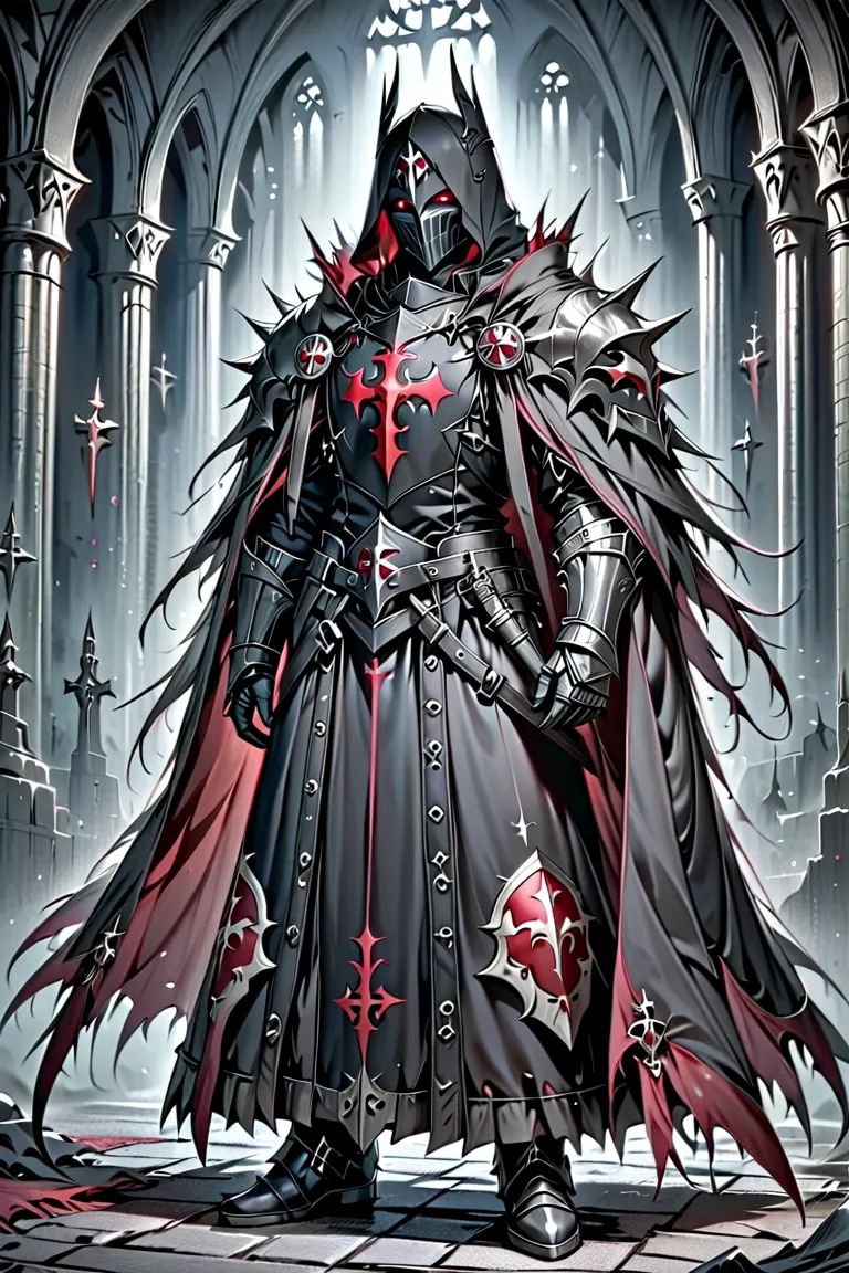 templars , male, red eyes, wearing a hood,  wears heavy armor,dark knight cloak style ,  background dark dark dark church,full b...