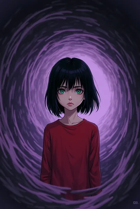 MASTERPIECE a A (severus snapes daughter:((11years old)))green eyes,short hair,black hair , in a red shirt standing inside of a purple hole, junji itos uzumaki, junji ito artwork, subtle junji ito, ito junji art, in style of junji ito, art style of junji i...