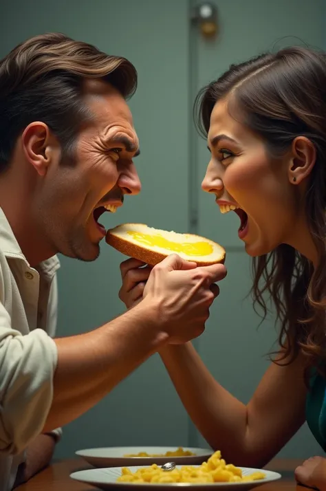 Man thrusts butter-smeared bread at woman