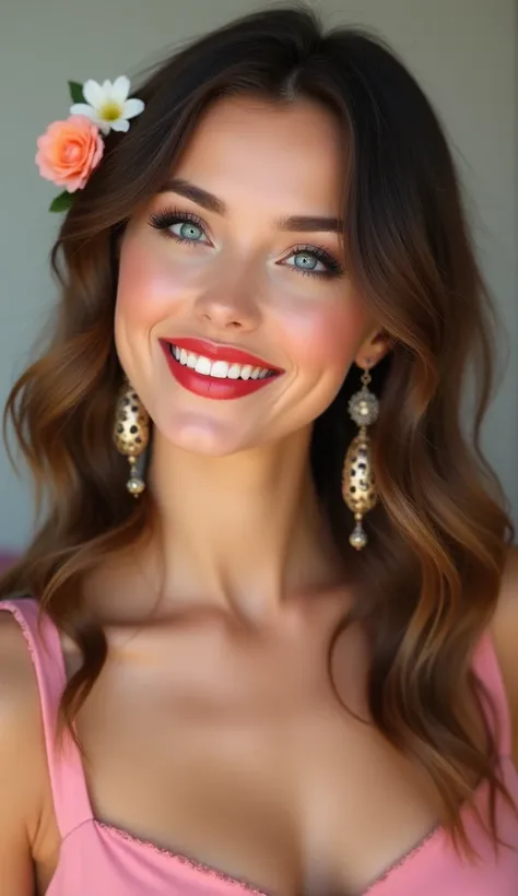 beautiful woman, friendly smile, and makeup, perfect blue eyes, long earrings, red lips, perfect smile, and happy, long, wavy hair, with small flower in her hair, pink dress, looking sideways, full head, 