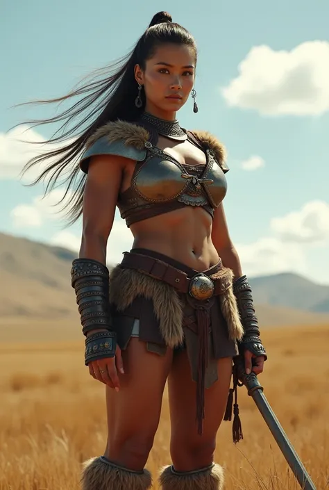 A hyper-realistic close-up of a muscular Mongolian female warrior standing in the Mongolian steppe on a sunny day. She wears traditional medieval armor, with a fur-lined tunic and leather pieces that accentuate her powerful, defined physique. Her enormous,...