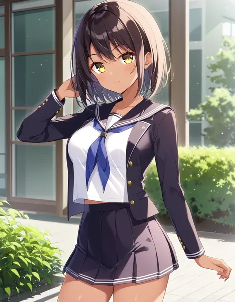  anime image quality、 animation、8k、High image quality、Beautiful eyes、woman、tanned skin、black blazer sailor suit、 black mini skirt、 medium breasts、 yellow eyes、shoulder-length hair
