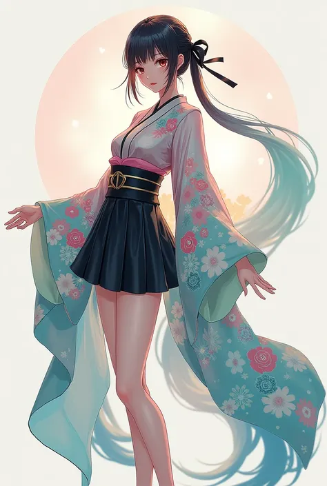 Kimono in 3 pastel and black colors with miniskirt