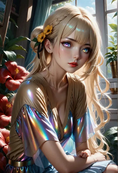 1maturegirl,mahiru shina, Long smooth straight light golden hair, iridescent eyes,aesthetic graceful figure,sitting in skimpy casual clothes.masterpiece, super detail,detailed eyes, best quality, 8k,realistic