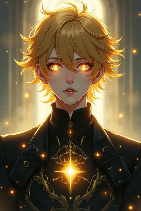 Illustration of a teenage boy with thick, golden hair, star-shaped pupils, gold eyes, and mysterious clothes