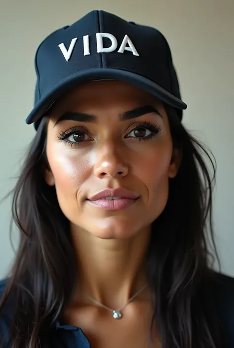 woman with cap, The cap has the letters V I D A and below the word president in Spanish.