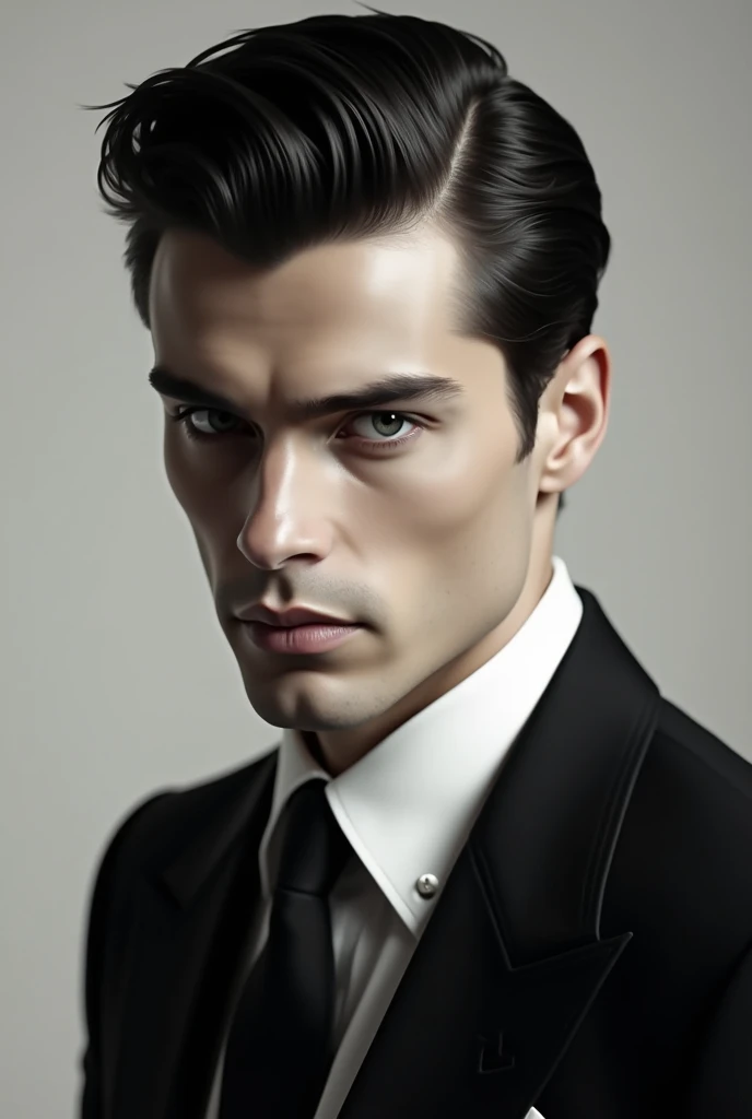 Make a man attractive and elegant with a pale complexion,  black hair, with grey eyes.