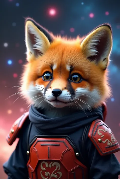  surprised baby fox close-up,   wearing Japanese armor  ( Stars and galaxies close-up  ), Space Cat, big "!?" on the screen is written in big letters on the screen,