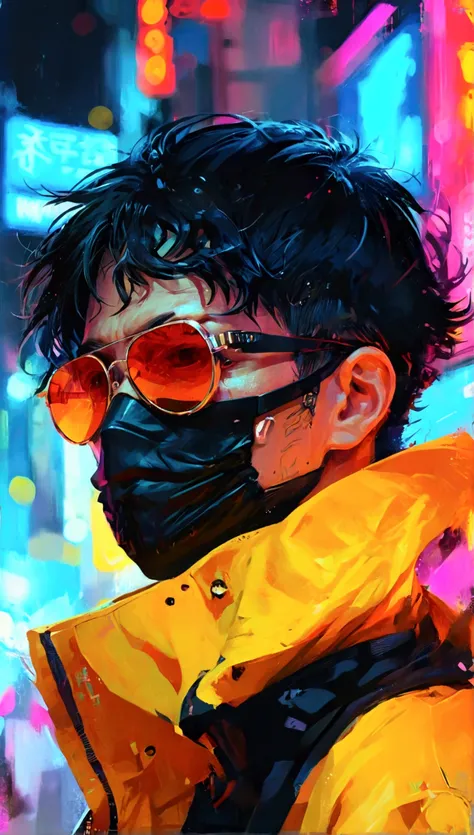 Cyberpunk style man,  best quality, Impressionism, sunglasses, Black cloth mask,  Japanese illustration style, anime, anime風, 