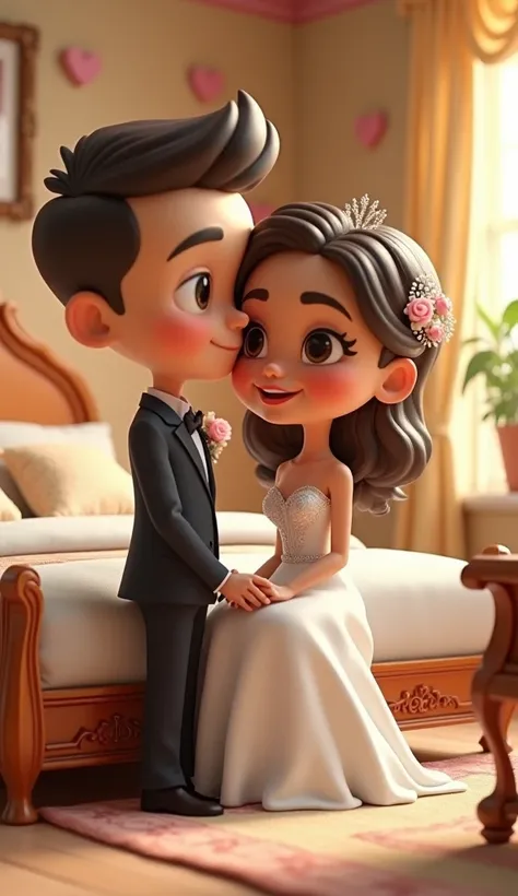 A bride was sitting on a bed in the living room and the groom was standing next to her
3D cartoon 