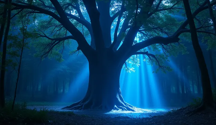 Light in the Forest, On a starry night, an ancient giant tree in the forest is surrounded by mysterious blue light, as if it were the guardian of the forest. Starlight penetrates through the leaves and interweaves with blue light, creating a mysterious and...