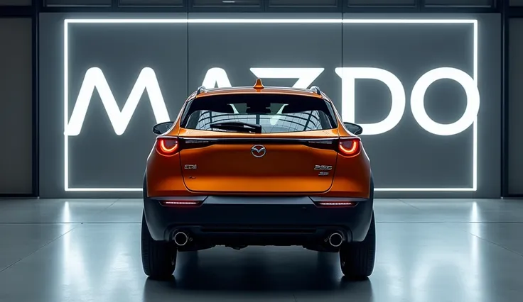 A back view of 2025 Mazda CX -30  in orange colour in show room and write the name of car on the background wall HD