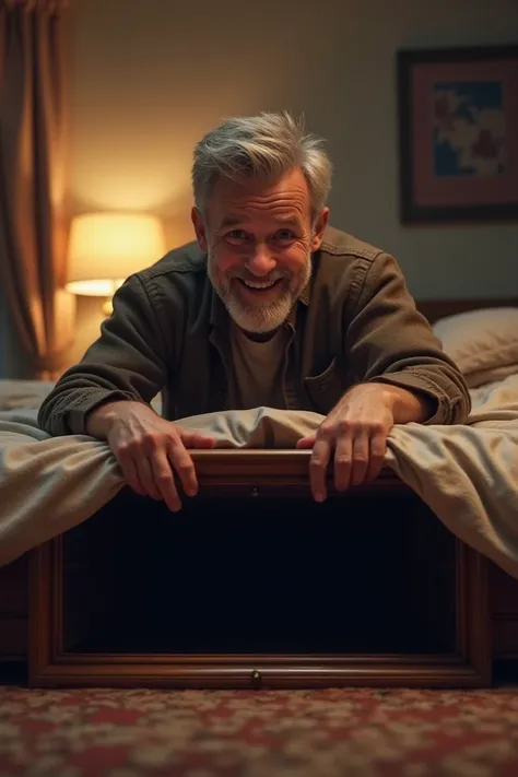 A man reveling its secret room under the the bed