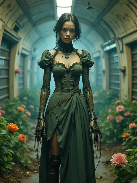 A mechanical female wearing a torn, Victorian-style dress stands in the center of a derelict subway station overgrown with cybernetic flowers. The walls pulse with a faint neon light, and small robotic insects buzz around her. Her gaze is empty as wires ex...