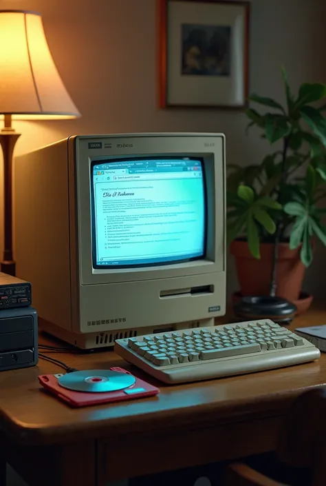 A nostalgic 1990s scene with a computer connected to the internet, displaying an early web browser on a CRT monitor. Around the desk are items from the era like floppy disks, CDs, and a dial-up modem. The setting has a warm, inviting feel, capturing the be...