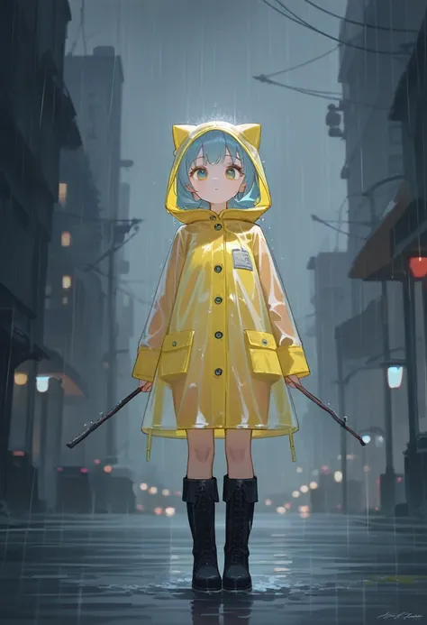 Fraction_9,Fraction_8_up,Fraction_7_up,masterpiece, 1 Girl， Best Quality ,  high resolution ,  super detailed， A comic about a girl in a raincoat holding a stick, heavy rain boots，Overcast and rainy ， Girl in a lemon raincoat,  big eyes，Light blue hair，