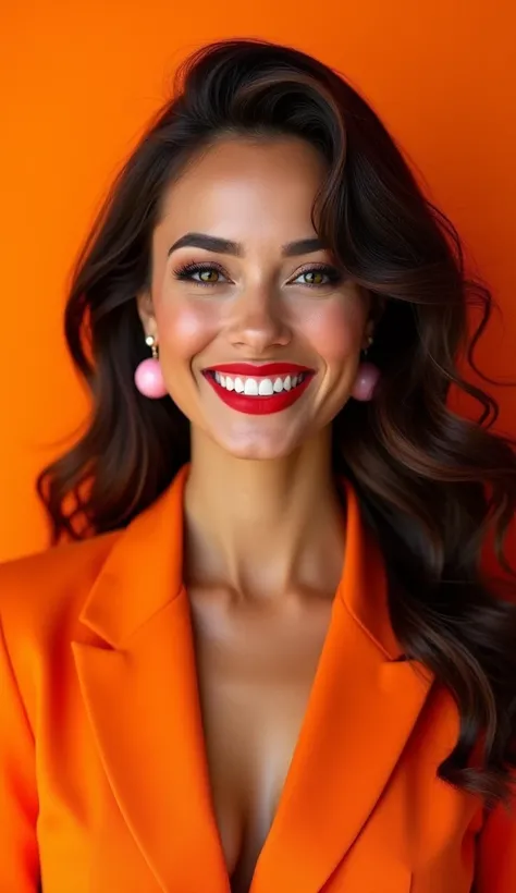 The image is a portrait of a young woman with long, wavy brunette hair. She is smiling and looking directly at the camera. She has a bright red lipstick on her lips and is wearing a pair of pink earrings. The background is a solid orange color, and the wom...